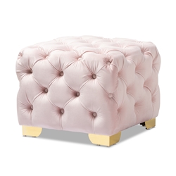 Baxton Studio Avara Glam and Luxe Light Pink Velvet Fabric Upholstered Gold Finished Button Tufted Ottoman